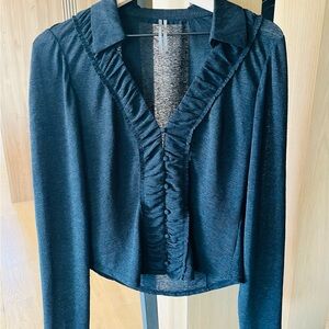 Anthropologie Black Ruffled V-Neck Blouse